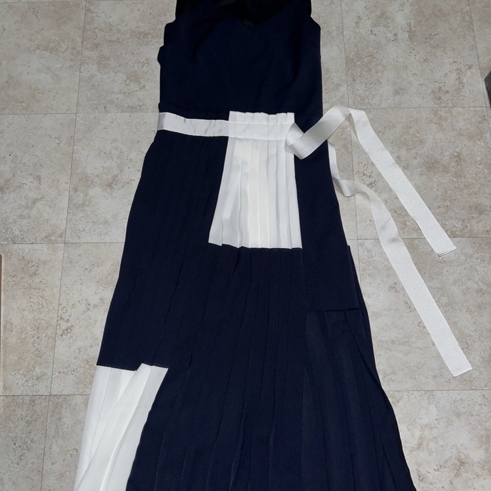 Unique Asymmetrical Designer Dark Blue and White Dress Sz S